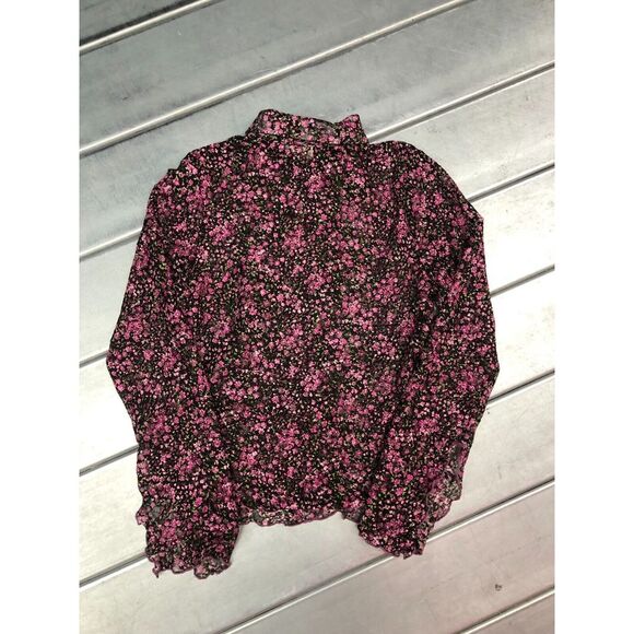 Vtg Clio Sheer Shirt Womens Large Pink Black Floral Lace Ruffled Button Up Goth - Picture 5 of 12